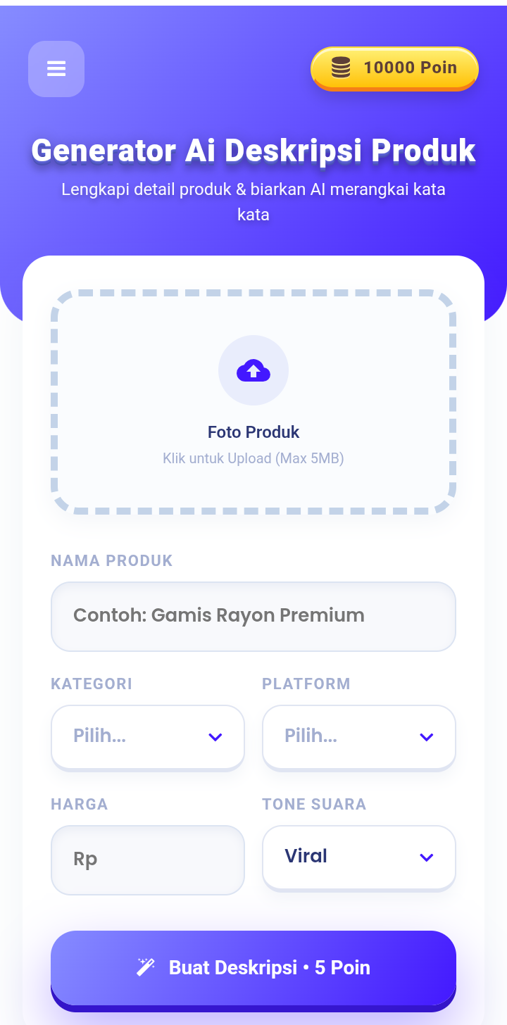 Tampilan Aplikasi SmartDeskripsi AI - Generator Deskripsi Produk Otomatis