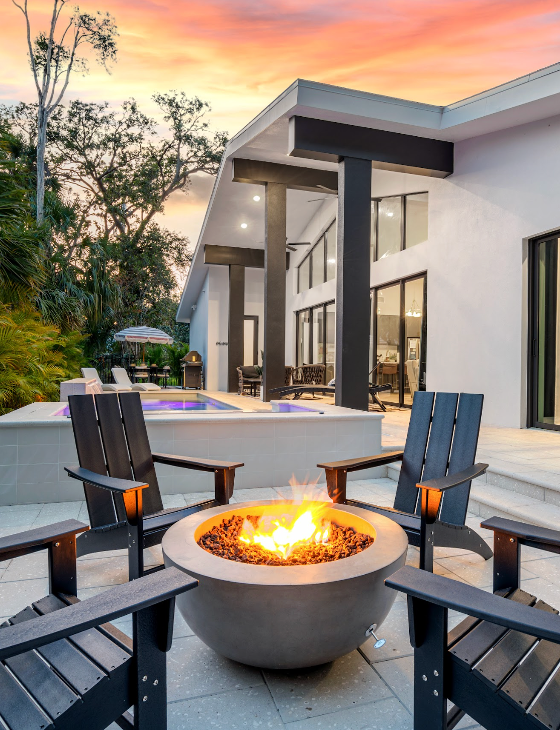 Staged short-term rental home exterior at sunset