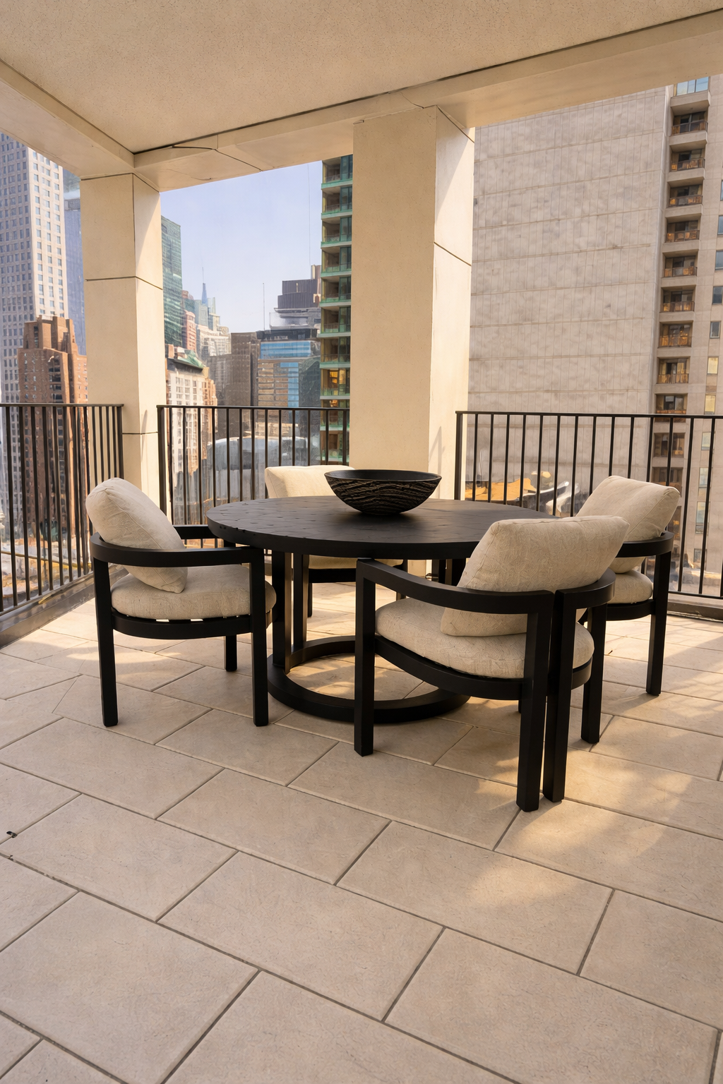 NYC Central Park terrace seating with skyline view
