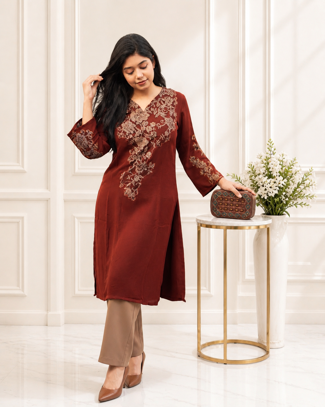 Strep Cherry Georgette Kurti in Brown – Kurti from Handpicked