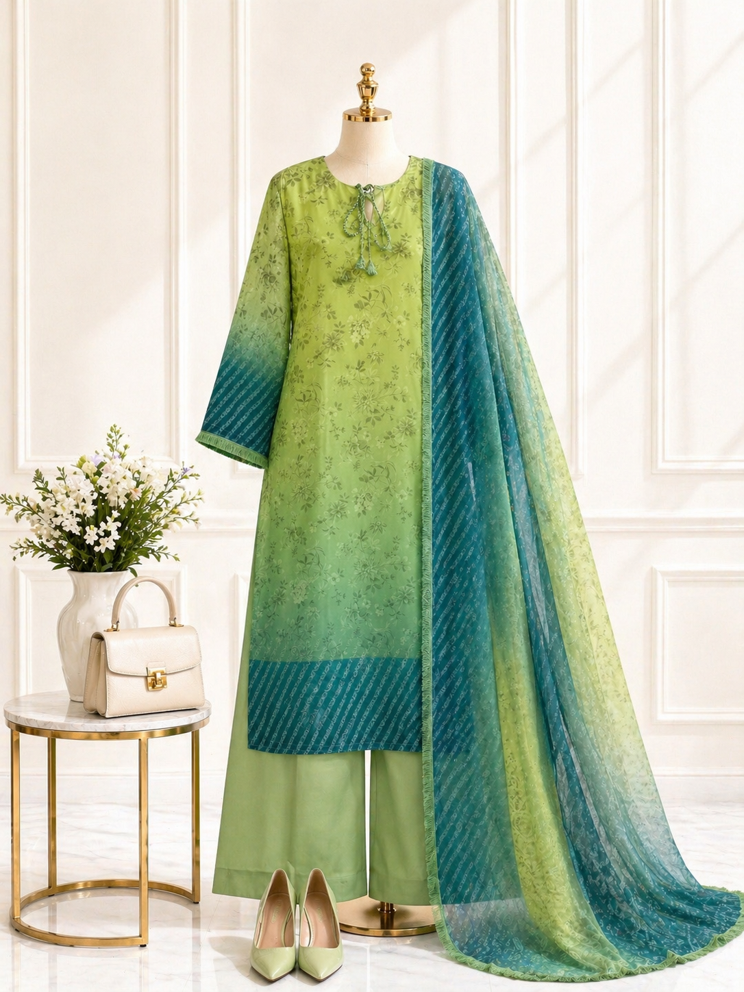 Lemon green Three Piece in Bright Green – Ethnic from Handpicked