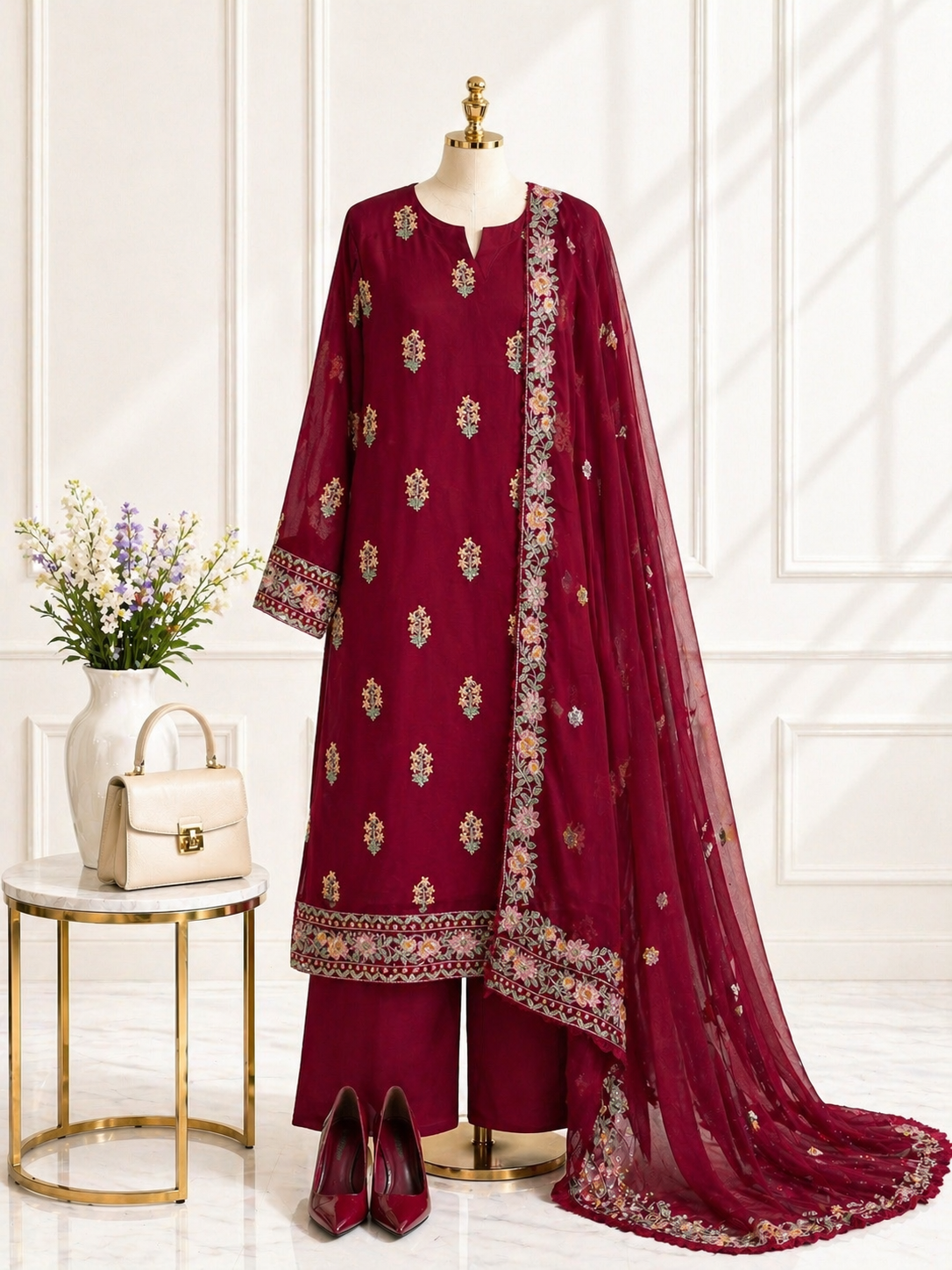 Red Velvet Three Piece in Red – Ethnic from Handpicked