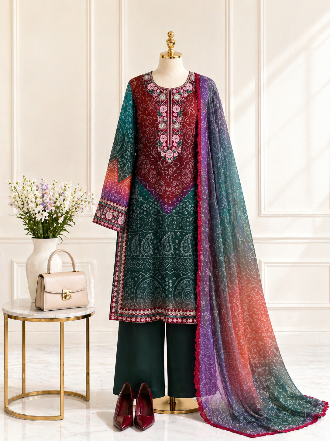 Peacock green Three Piece in Multi (Red & Green) – Ethnic from Handpicked