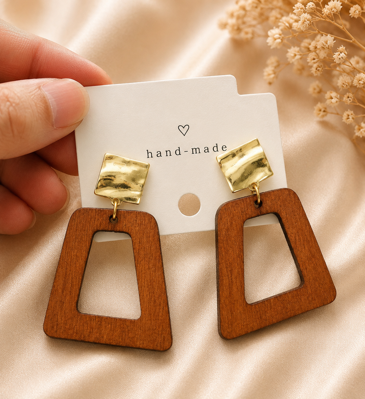 Wooden Geometric Drop Earrings in Brown & Gold – Accessories from Handpicked