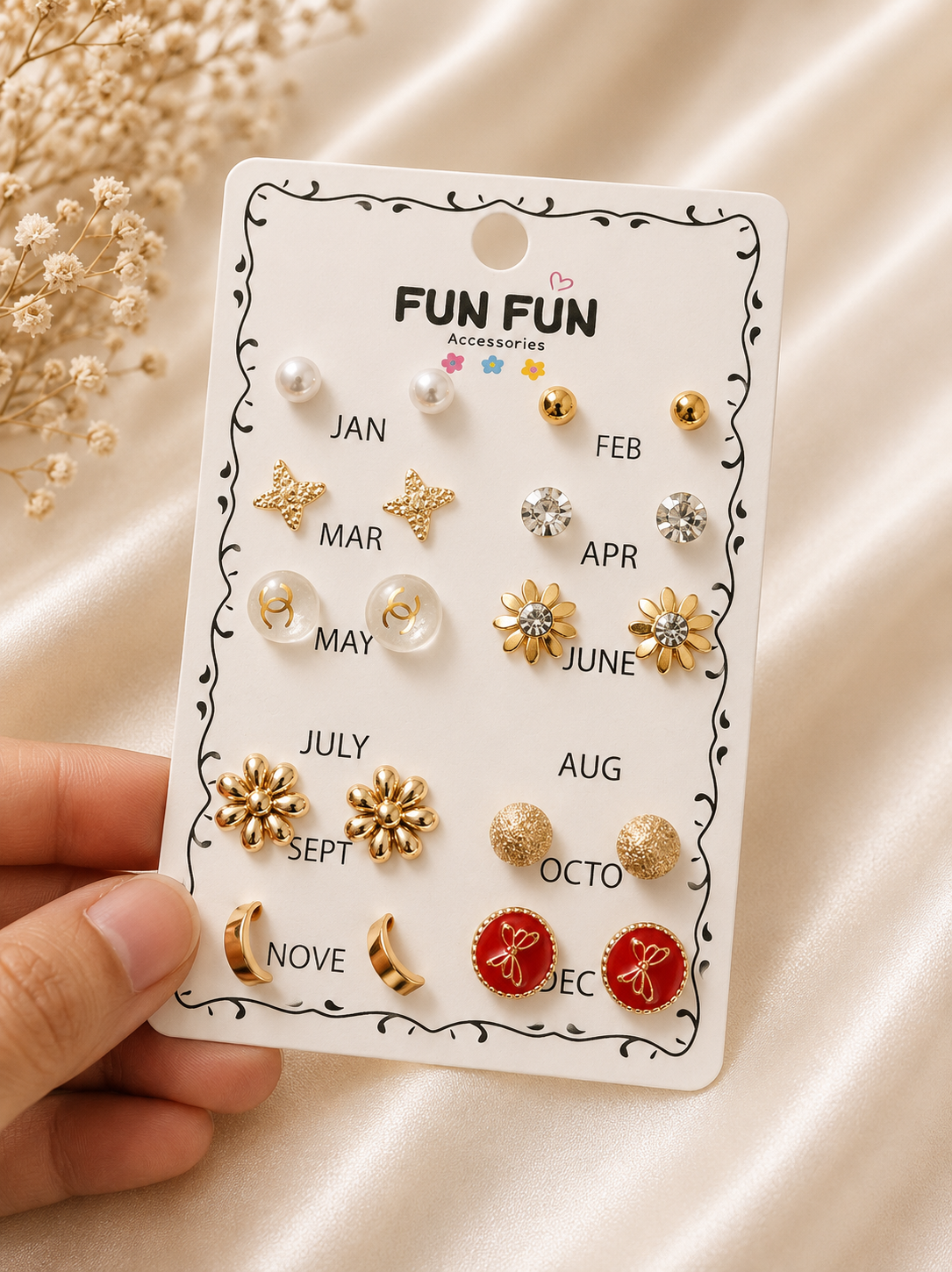 10-Pair Everyday Stud Earrings Set in Gold, White, Red & Crystal – Accessories from Handpicked