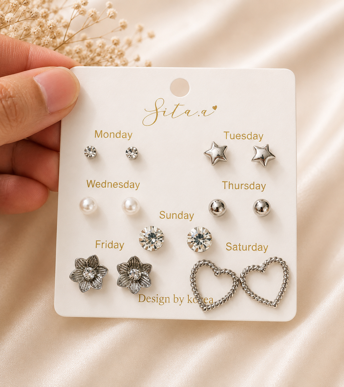 7-Pair Silver Everyday Stud Earrings Set in Silver – Accessories from Handpicked