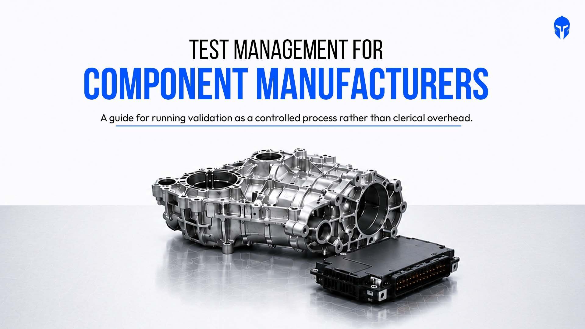 Dashboard representing test management for component manufacturers with centralized test planning, equipment management, DVP tracking, and compliance reporting.