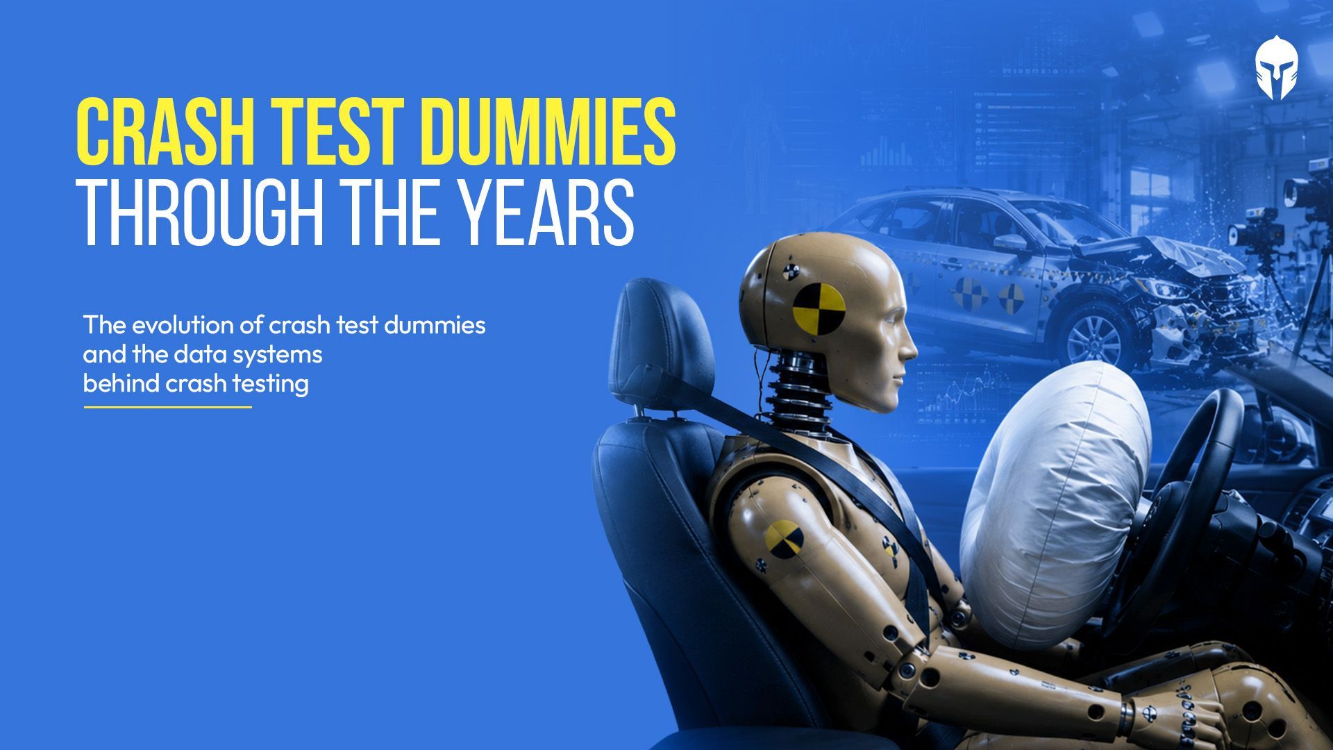 Crash test dummy evolution blog cover 75-year journey from Sierra Sam to Hybrid III, THOR and WorldSID in automotive safety