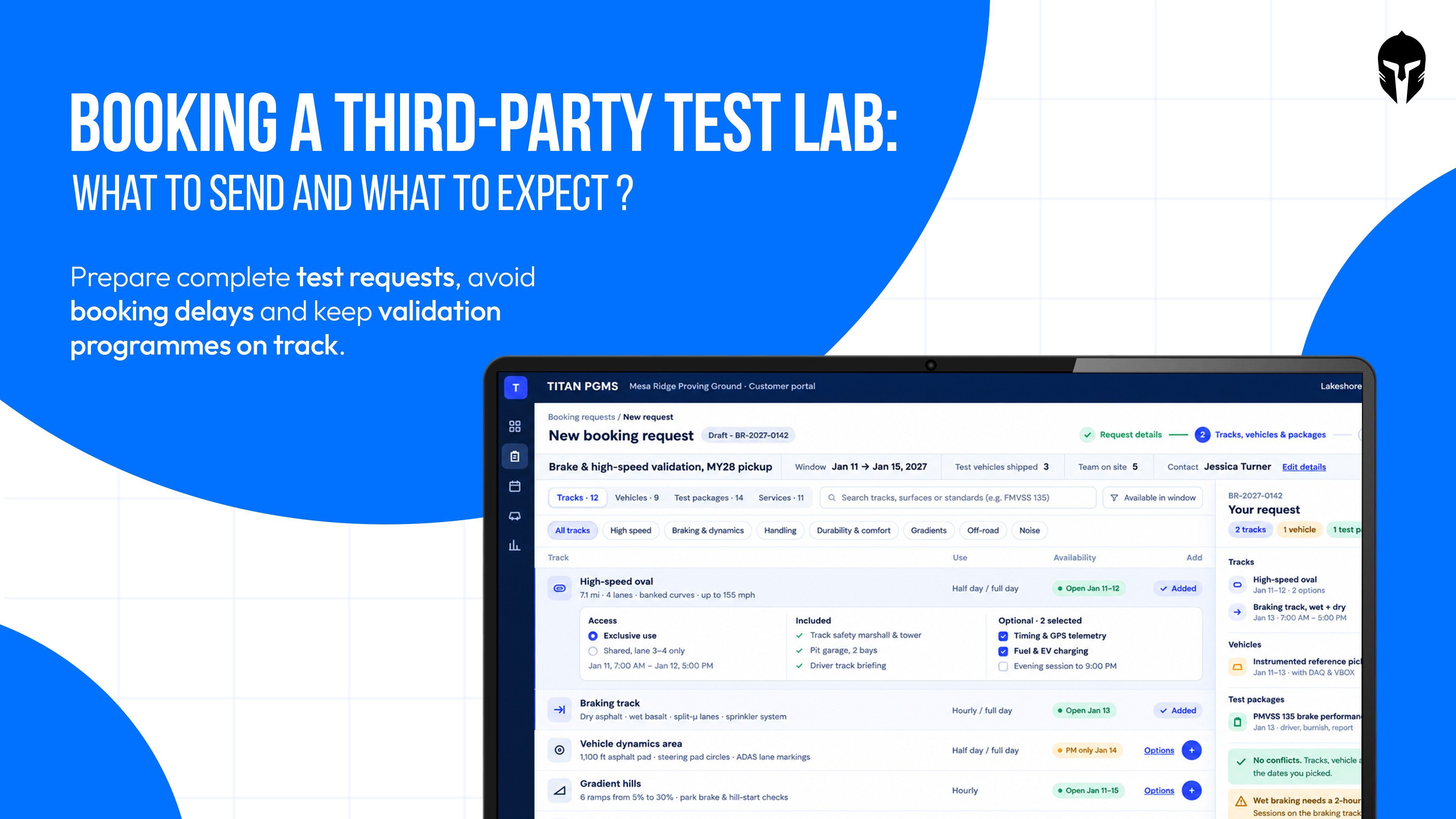 Booking a third-party test lab with test requirements, documentation, and testing coordination