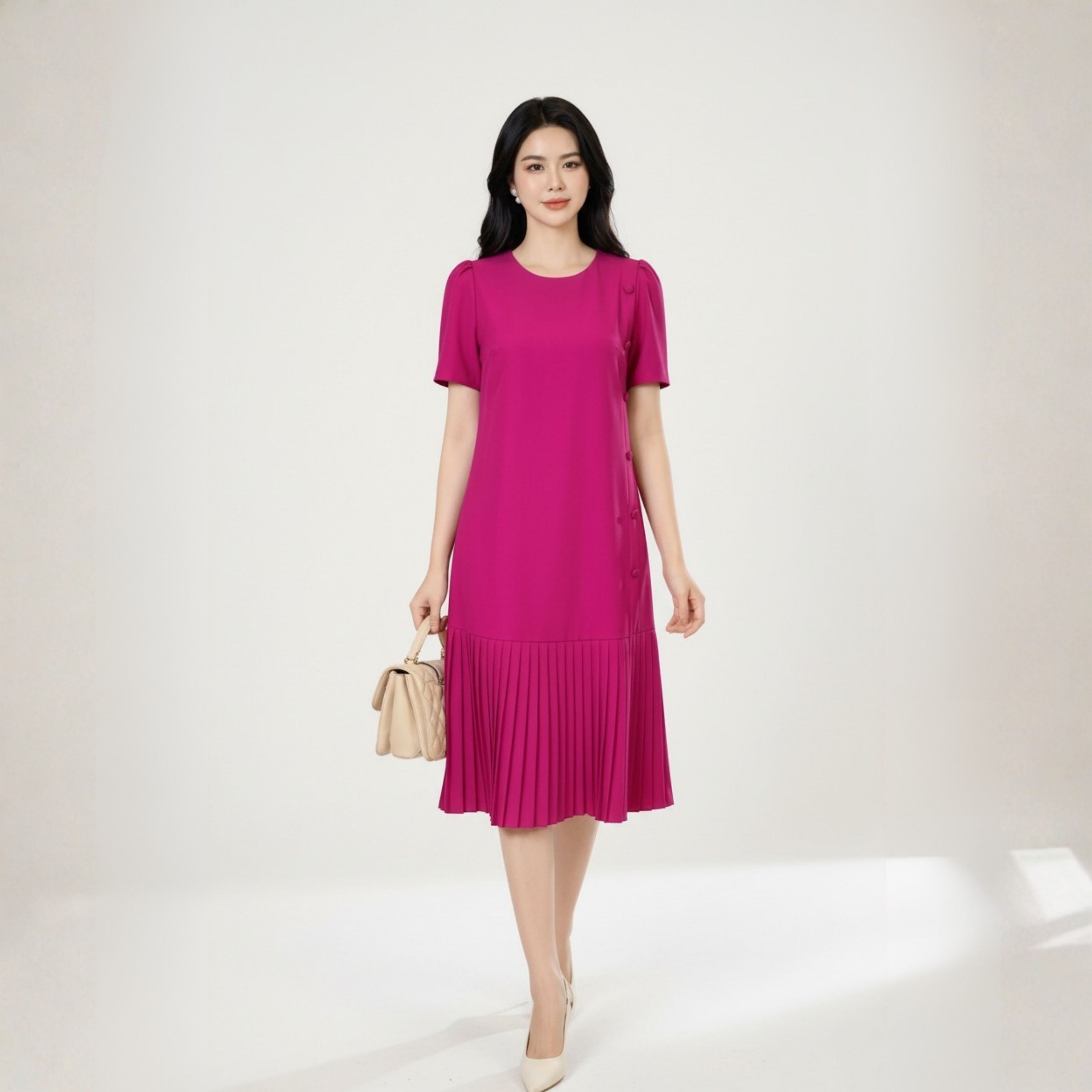 Đầm Suông Trung Niên Dáng Dài Che Bụng Xếp Ly_DD0050