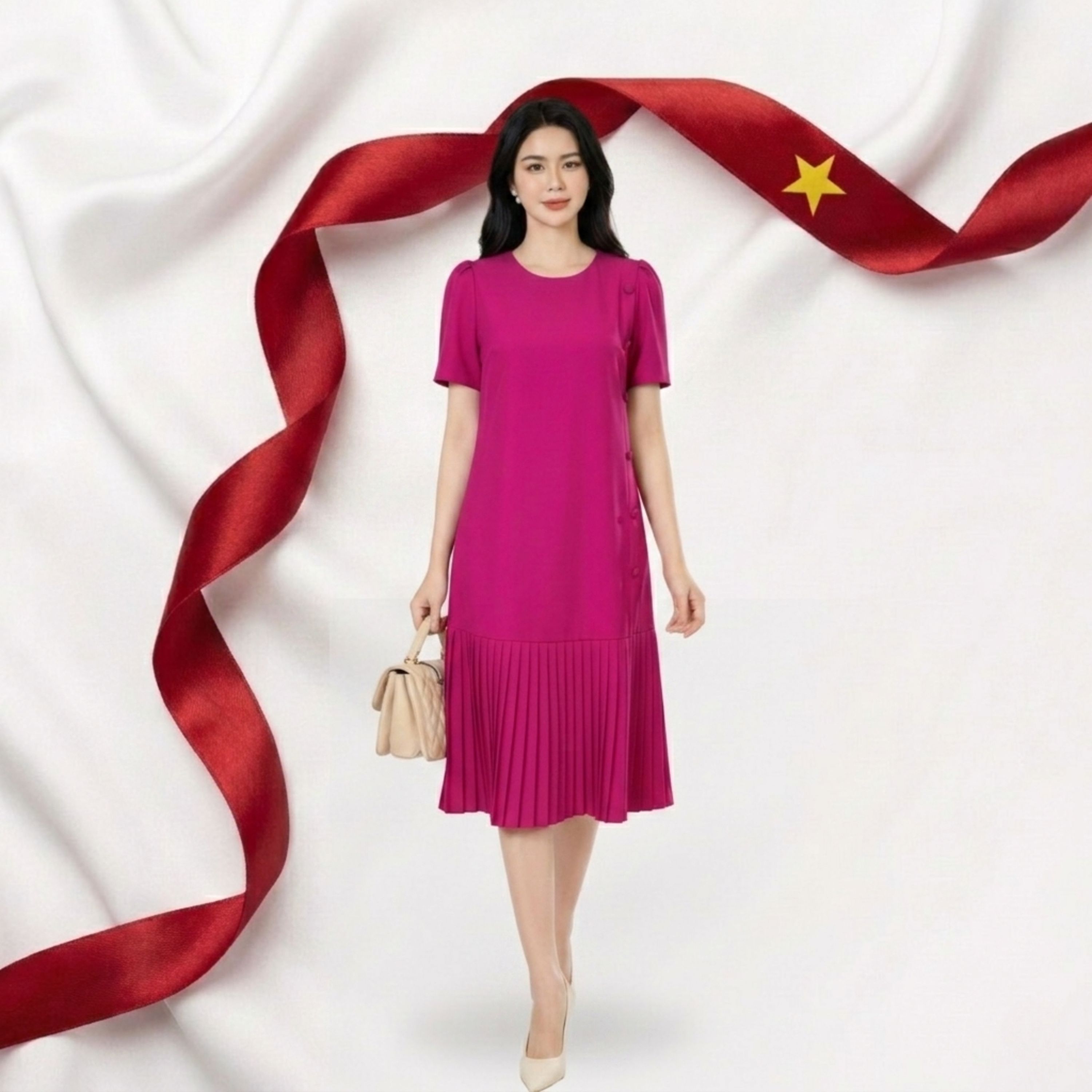 Đầm Suông Trung Niên Dáng Dài Che Bụng Xếp Ly_DD0050