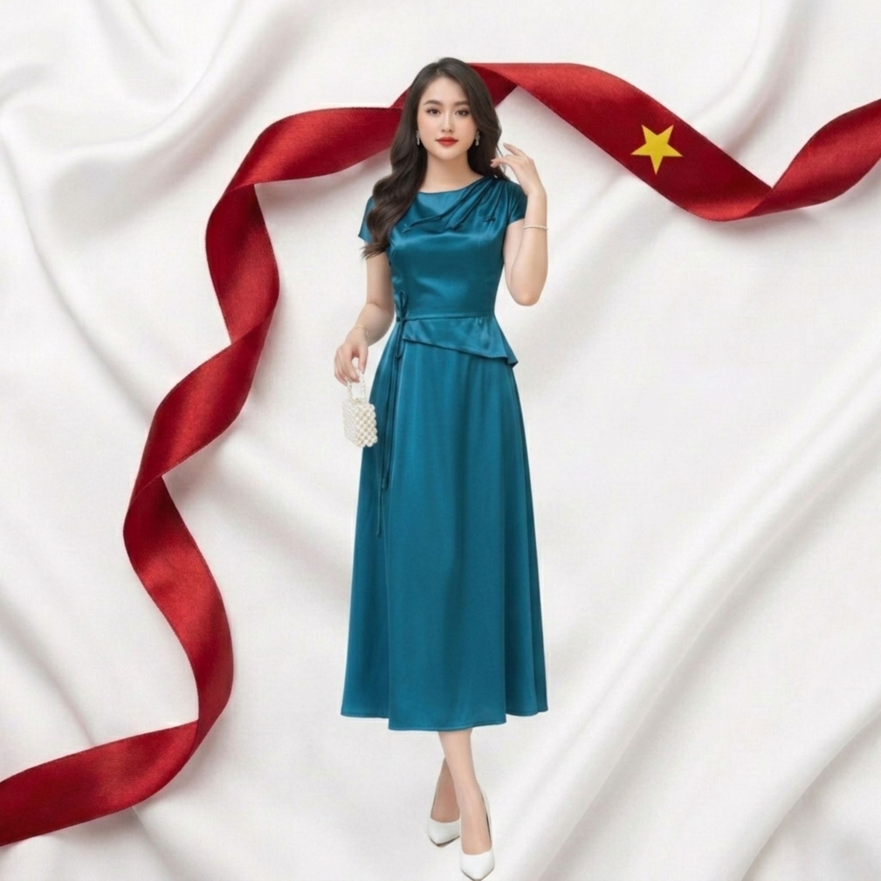 Đầm Dáng Dài Xòe Trung Niên Nhấn Eo_DD0055