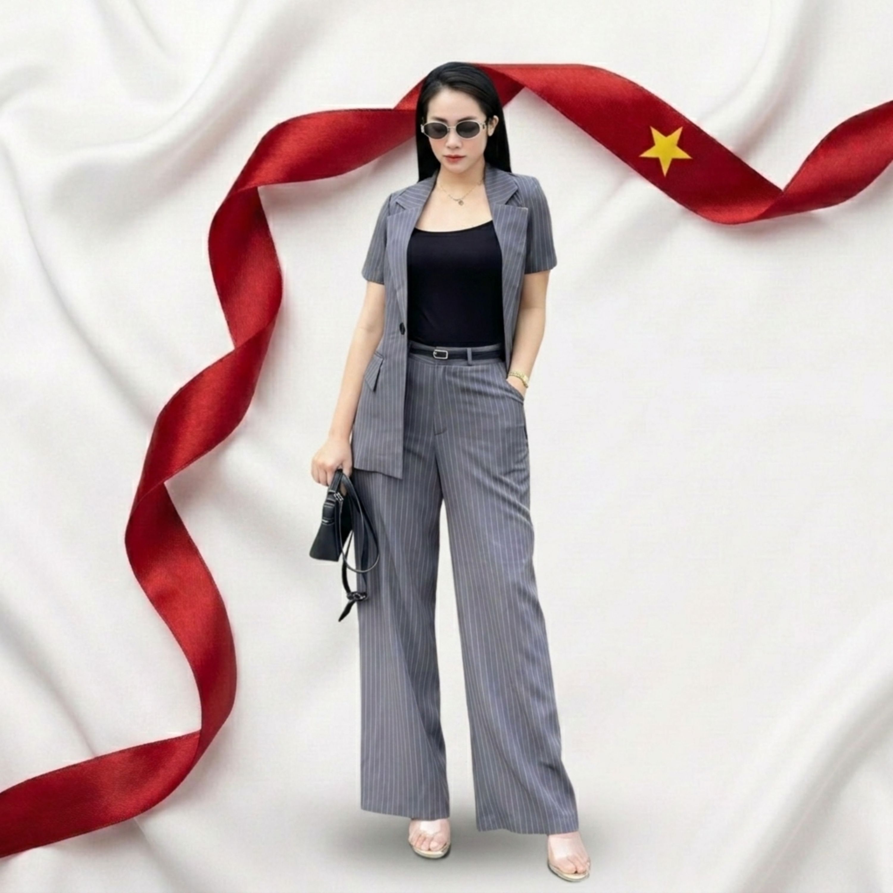 Set Bộ Vest Nữ Tay Ngắn Kẻ Sọc Quần Ống Đứng Lưng Cao_PG0050
