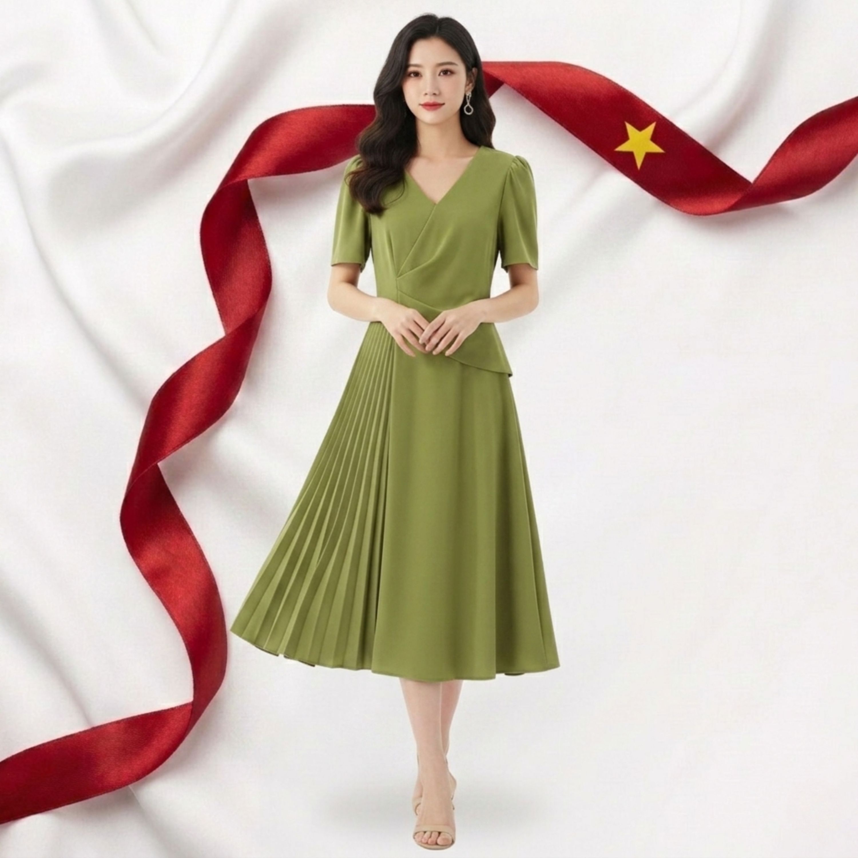 Đầm Công Sở Xếp Ly Dáng Xòe Cổ V Tay Phồng_LX005