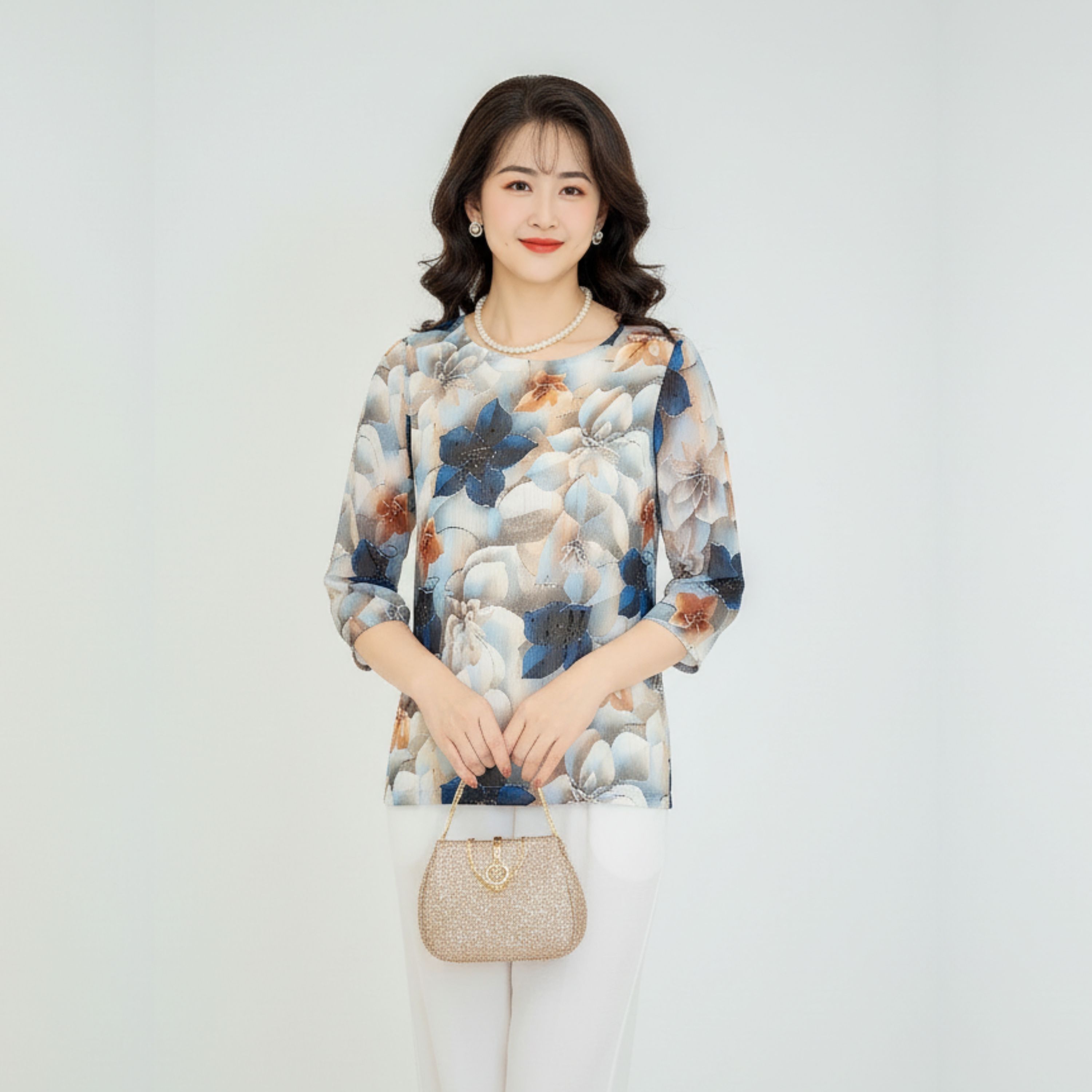 Áo Lụa Nữ Trung Niên Họa Tiết Cao Cấp Cổ Tròn_DD010