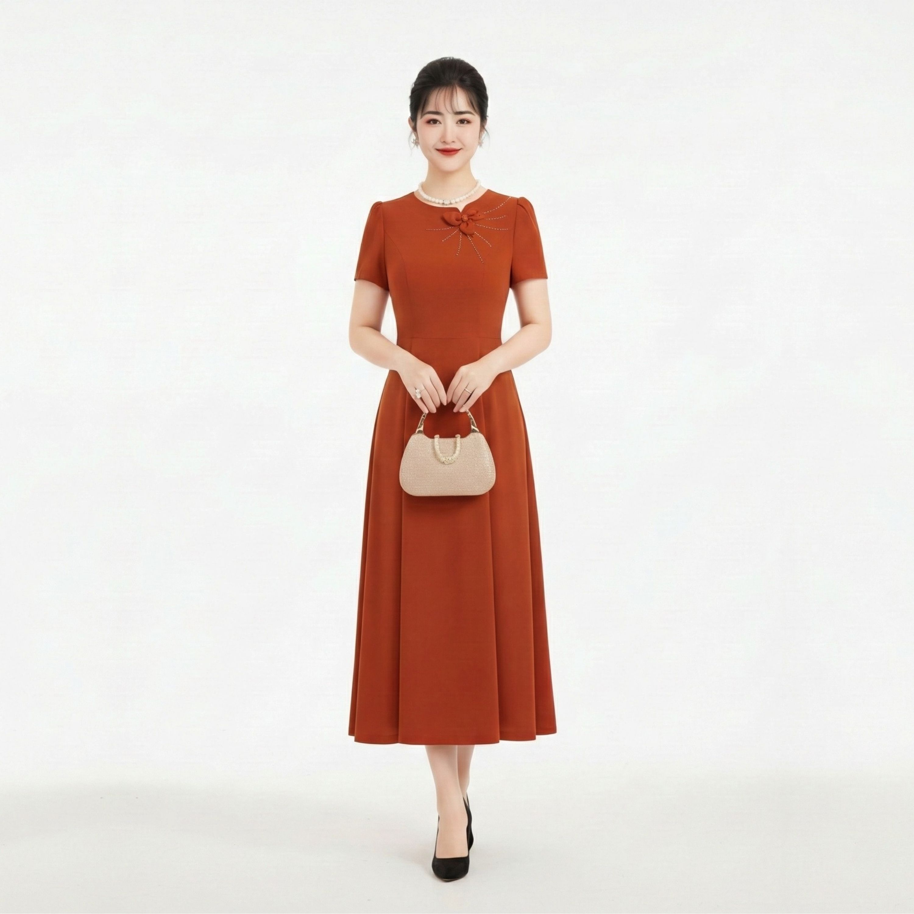 Đầm Xòe Cổ Tròn Phối Hoa_DD012