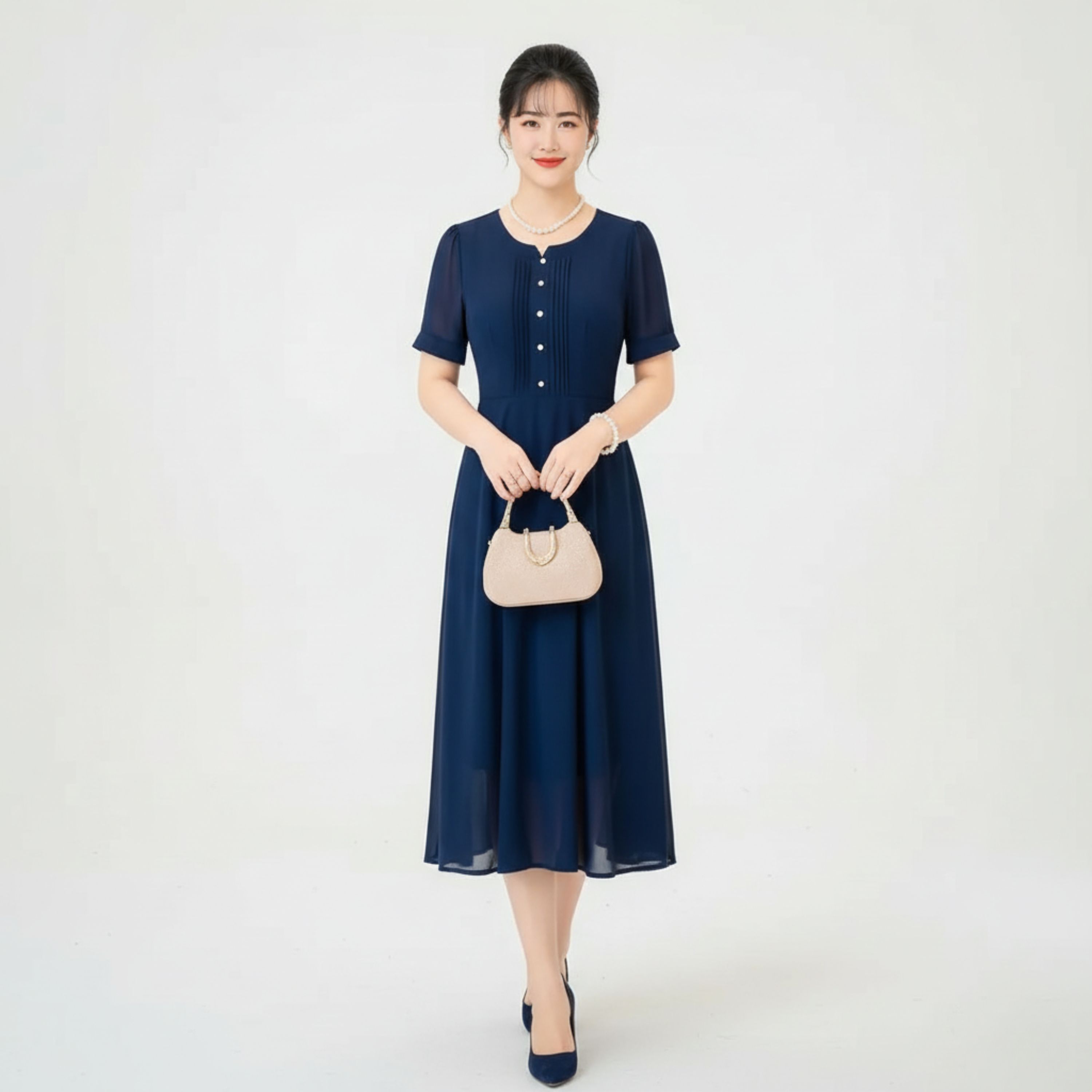 Đầm Dáng Xòe Xếp Ly Ngực Đính Nút_DD002