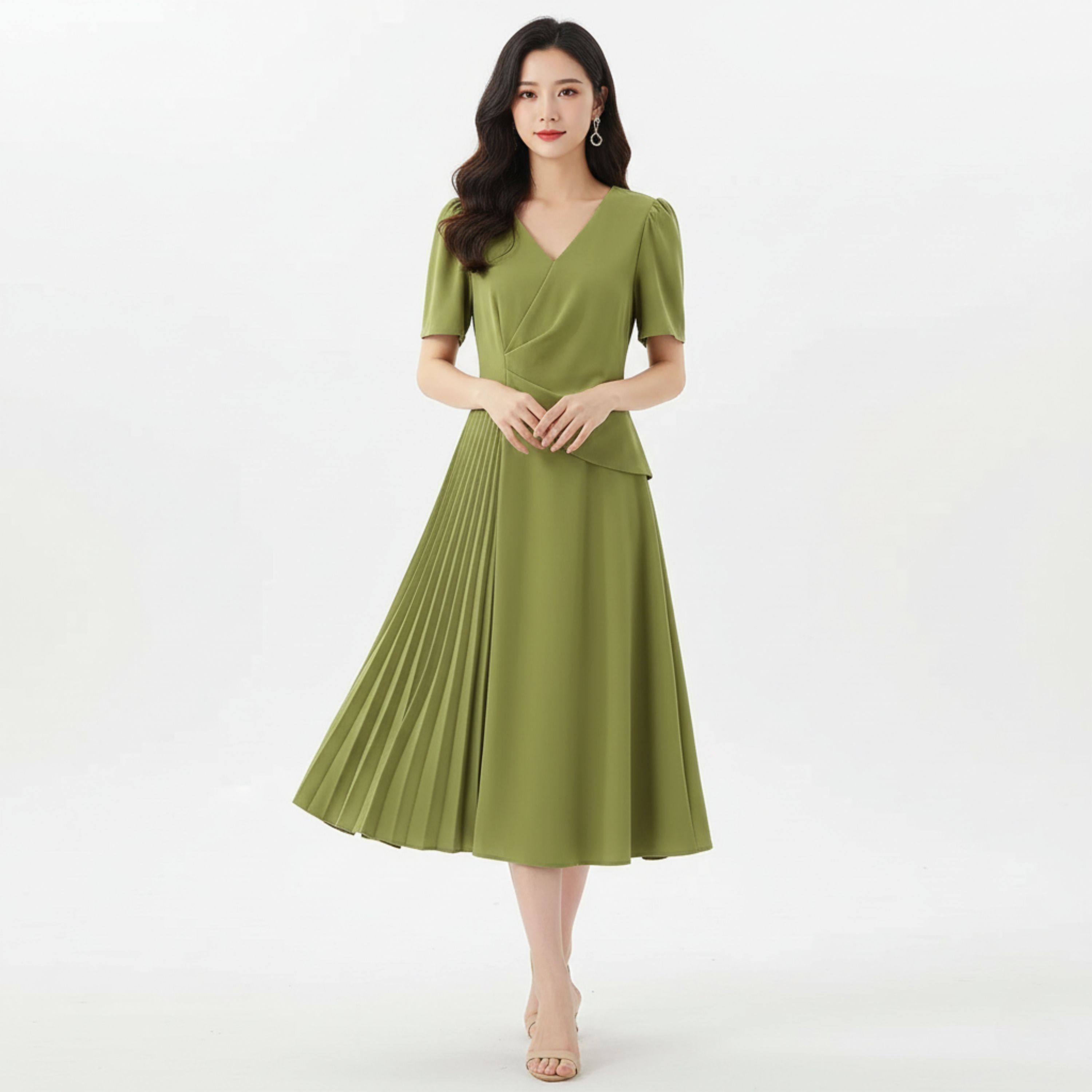 Đầm Công Sở Xếp Ly Dáng Xòe Cổ V Tay Phồng_LX005