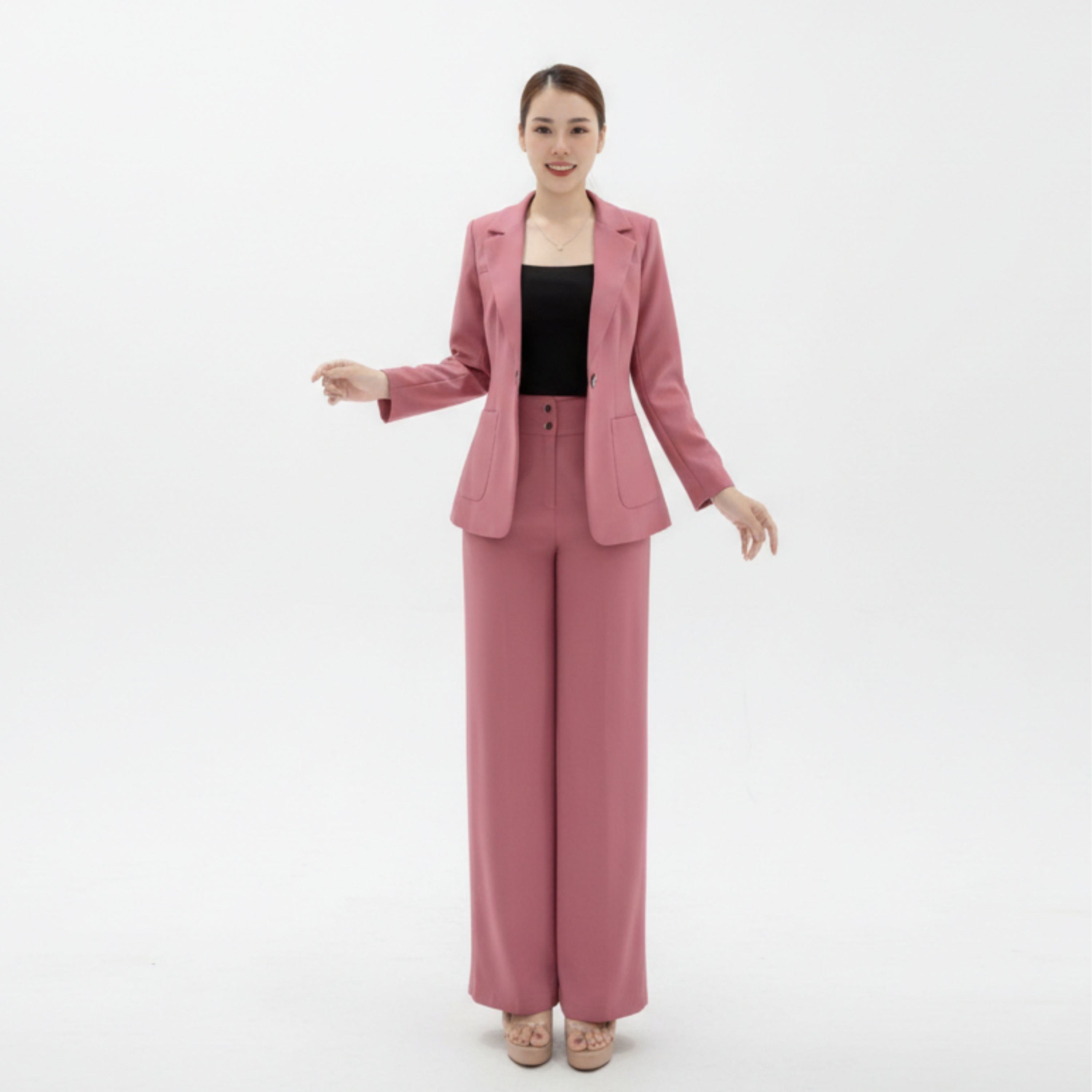 Bộ Vest Công Sở Áo Tay Dài + Quần Ống Rộng Cạp Cao_PG030