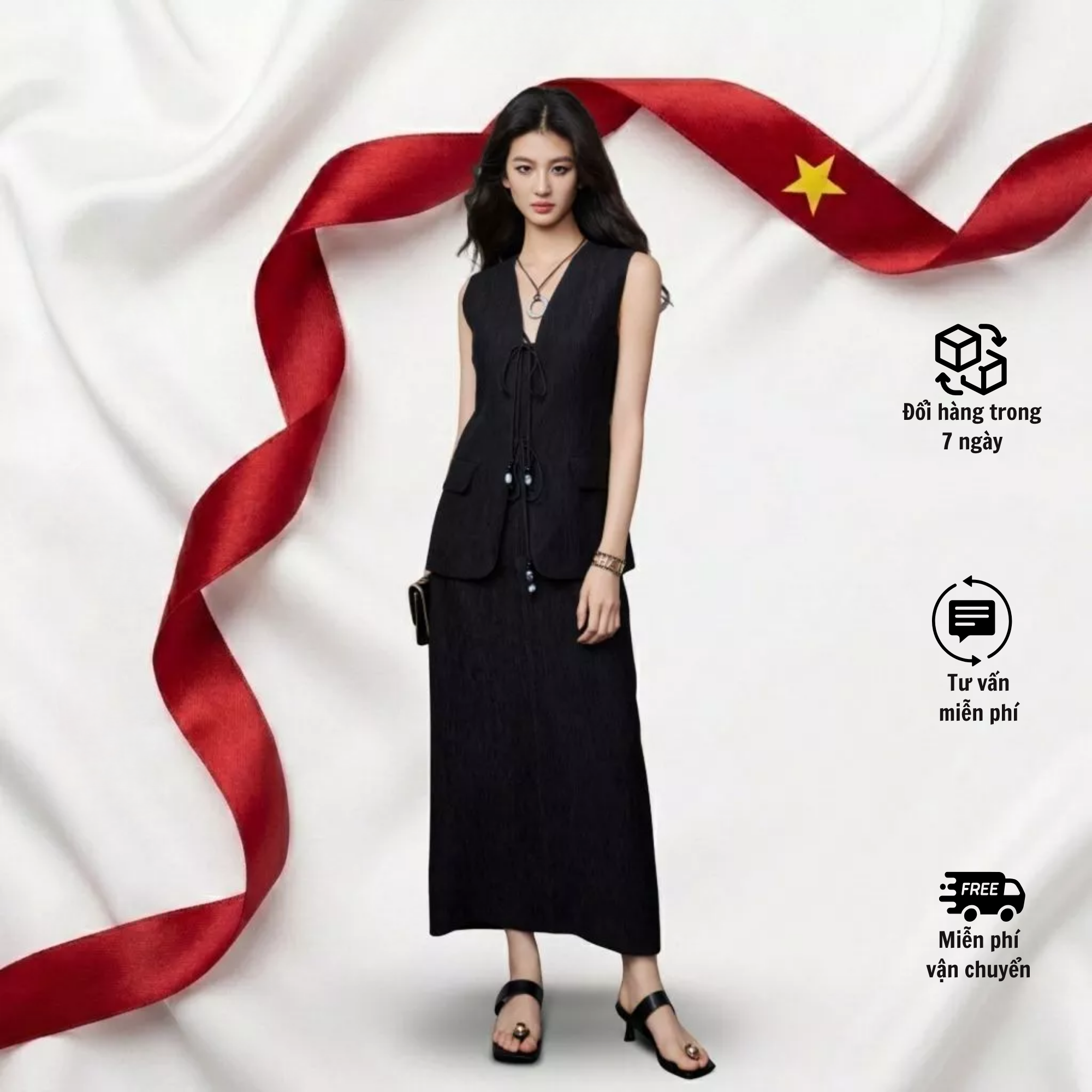 Set Bộ Gilet - Bộ Áo Sát Nách Buộc Dây Kèm Chân Váy Dài _BS0182