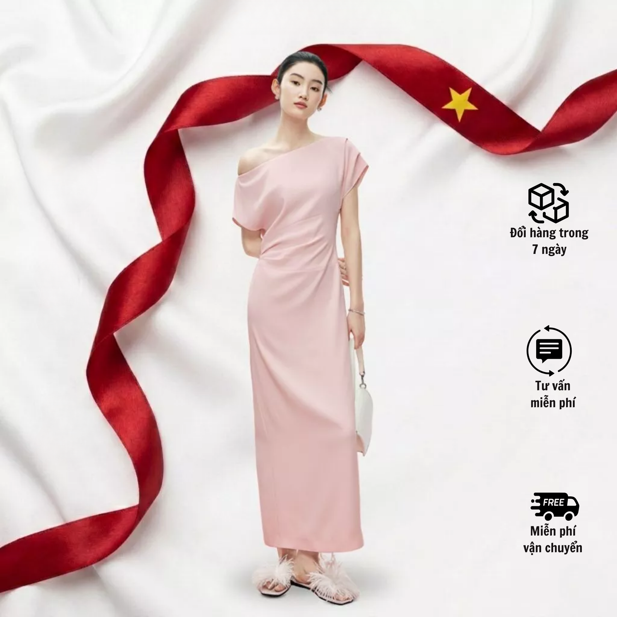Đầm Dáng Dài Lệch Vai Nhúng Eo_BS0169