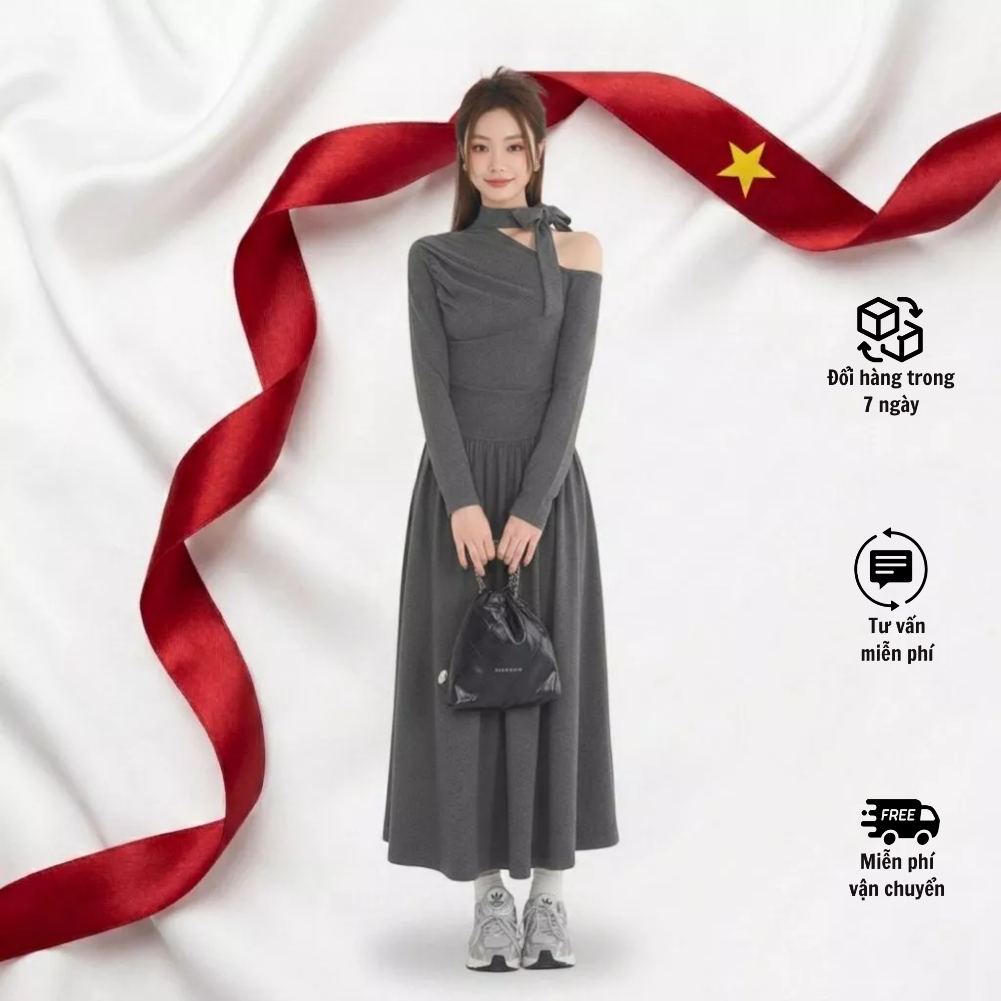 Đầm Maxi Tay Dài Buộc Nơ_BS099