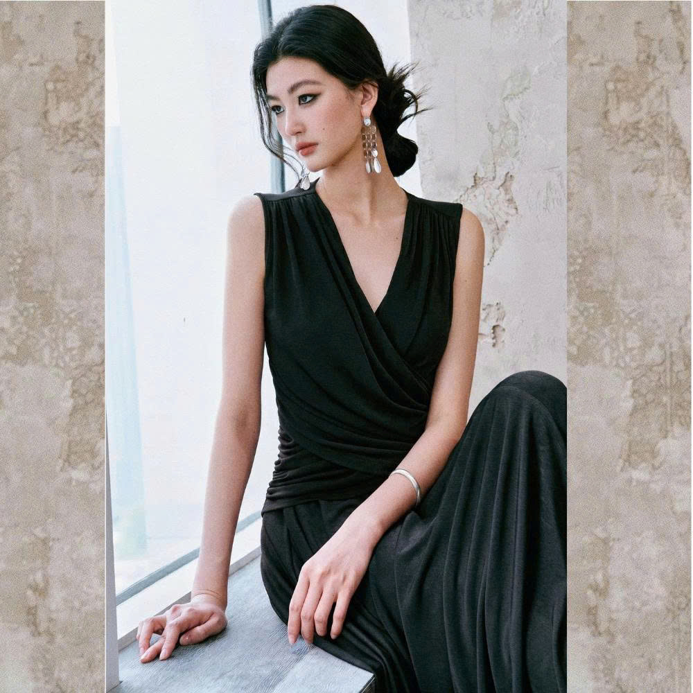 Set áo cổ đắp chéo + váy xòe thun nhung kim cương ánh nhũ sang trọng, co giãn BS0268 thumbnail 4