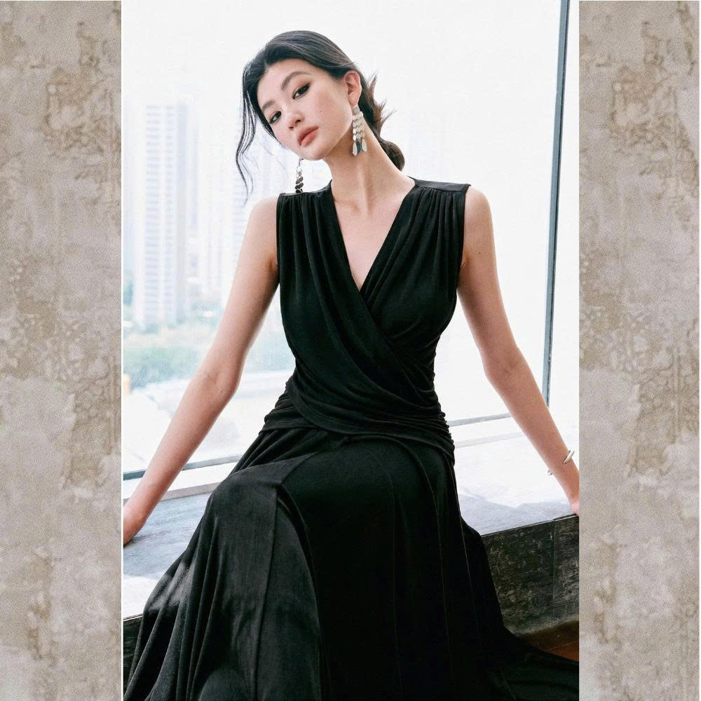 Set áo cổ đắp chéo + váy xòe thun nhung kim cương ánh nhũ sang trọng, co giãn BS0268 thumbnail 5