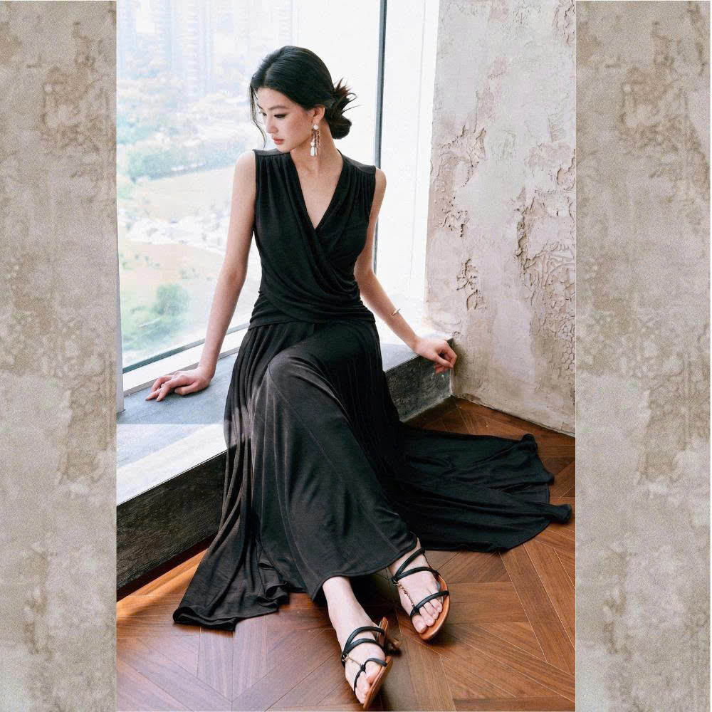 Set áo cổ đắp chéo + váy xòe thun nhung kim cương ánh nhũ sang trọng, co giãn BS0268 thumbnail 2