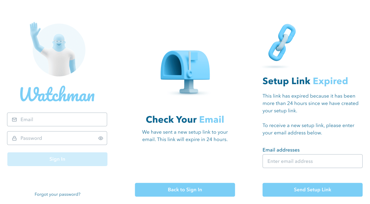 Watchman testicular-cancer survivorship app, sign-in and account-setup screens.