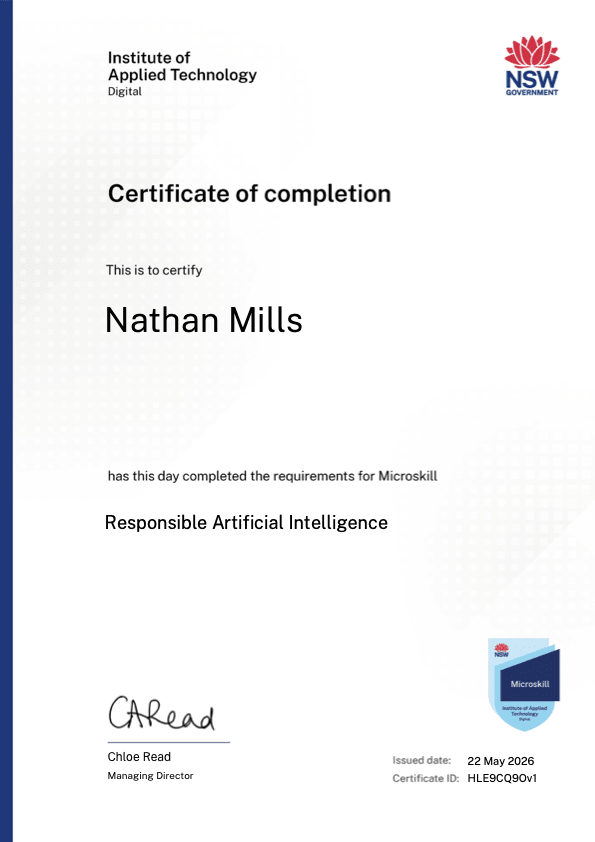Responsible Artificial Intelligence certificate of completion, TAFE NSW