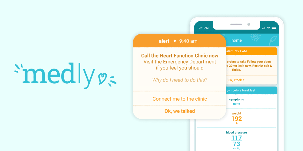 Medly heart-failure app, patient alert and clinician dashboard.