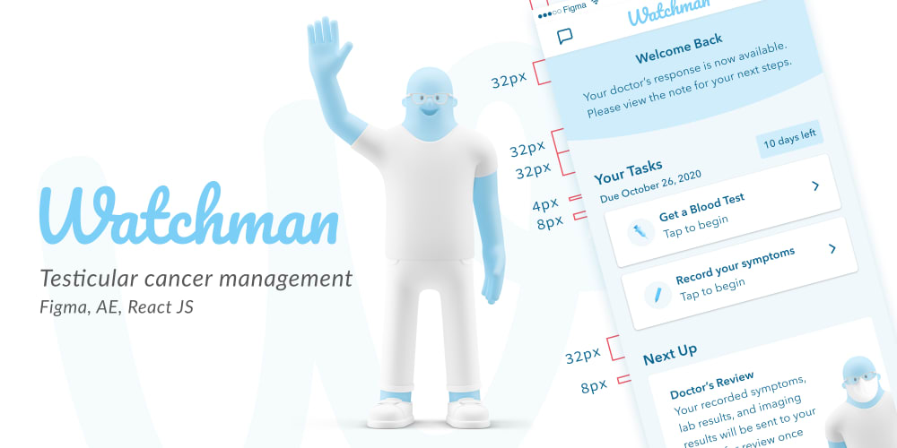 Watchman testicular-cancer management app, character and screens.