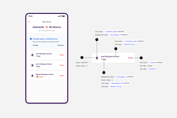 Virgin Australia component annotations: spec callouts authored for engineering handoff.