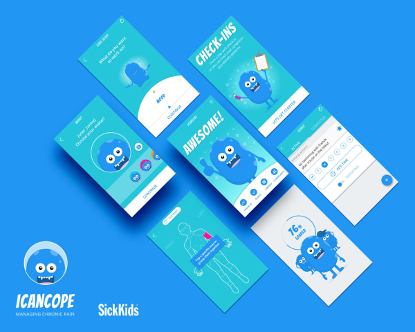 iCanCope: SickKids chronic-pain app, mood check-ins and rewards with the monster mascot.