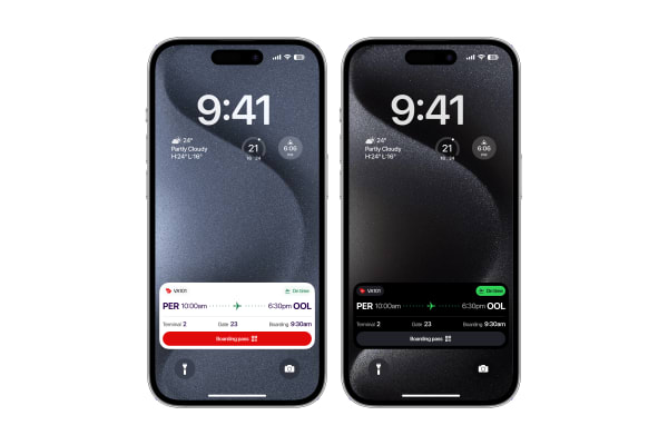 Virgin Australia app: live-activity lock screen widgets tracking a flight in real time.