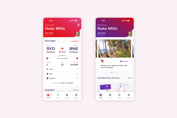 Virgin Australia app: checkout flow built on the unified VA + Velocity component library.