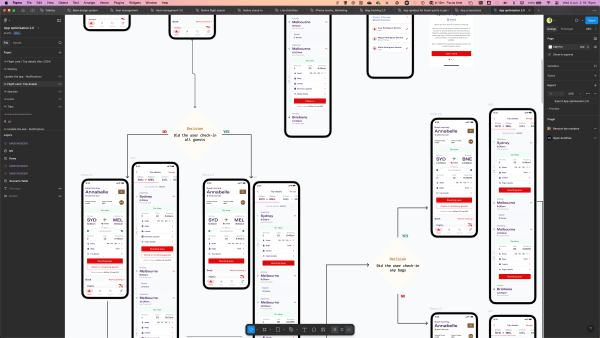 Check-in flow in Figma: decision logic and trip screens on shared components.