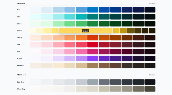 Colour token primitives: 10 hue ramps and the foundation of the consolidated 450-token system.