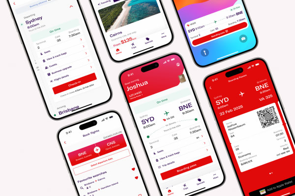 Virgin Australia app: flight search and booking screens showing the redesigned flow.
