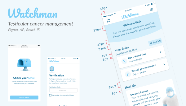 Watchman testicular-cancer survivorship app, screen design.