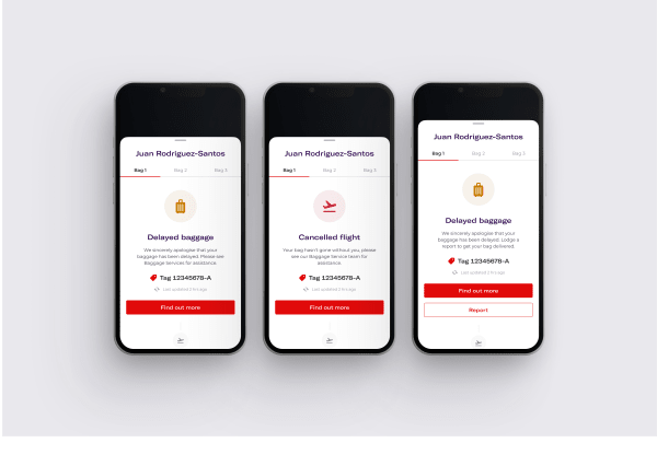 Virgin Australia app: real-time bag tracking feature screen.