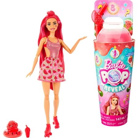 Barbie Pop Reveal Fruit Series Watermelon Crush Doll, 8 Surprises Include Pet, Slime, Scent & Color Change
