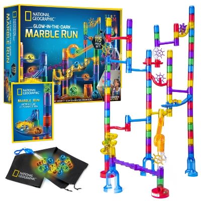 NATIONAL GEOGRAPHIC Glowing Marble Run, 115 Piece Construction Set, 25 Glow in The Dark Glass Marbles, Storage Bag,...