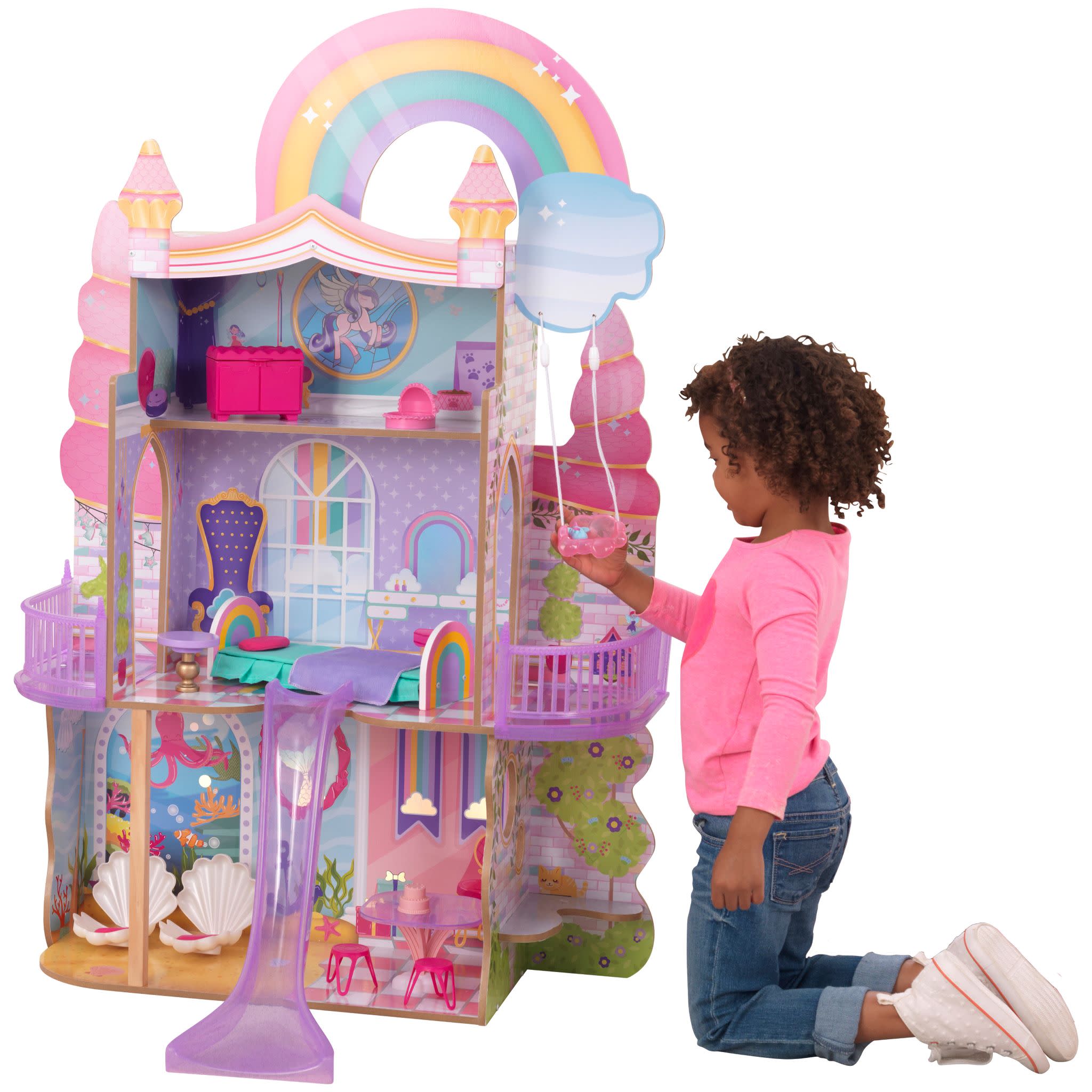 KidKraft Rainbow Dreamers Unicorn Mermaid Wooden Dollhouse with 15 Accessories - Walmart.com