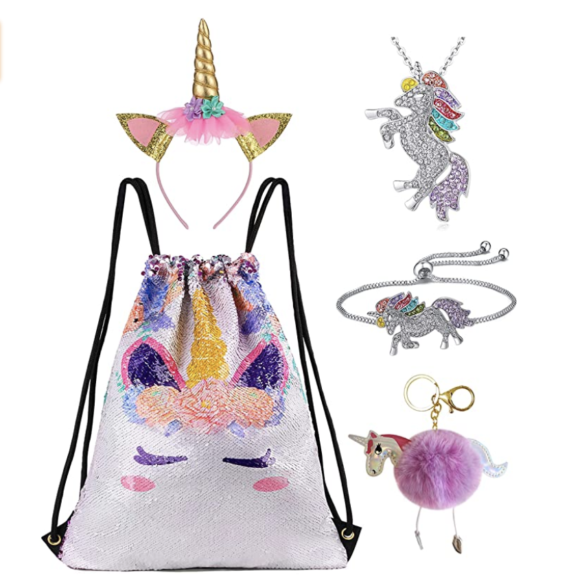 Amazon.com: Unicorn Gift Set Girls Drawstring Sequin Backpack/Necklace/Headband/Keychain/Hair Bow (P