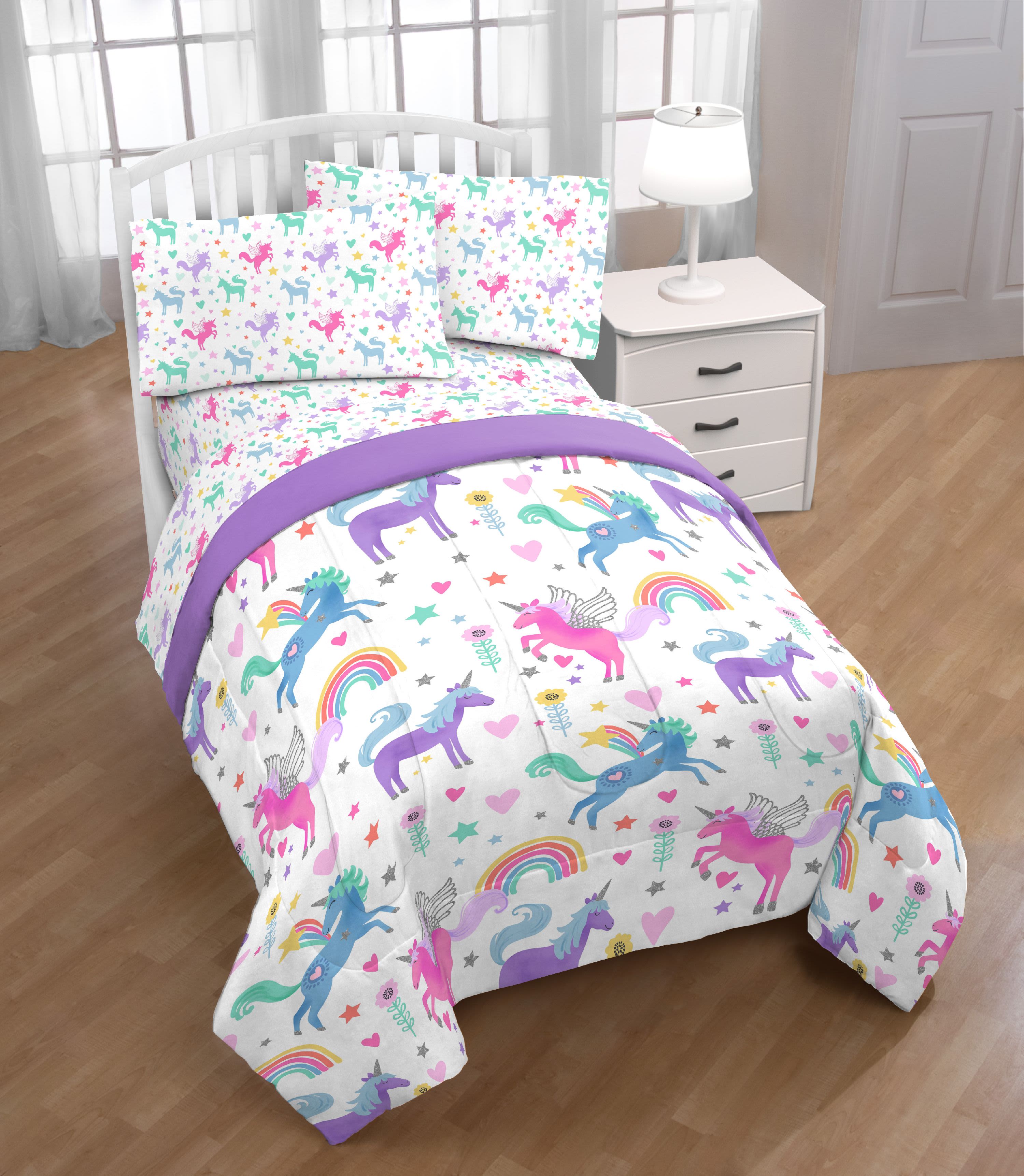 Trend Collector Unicorn Rainbow Twin Bed-in-a-Bag Bedding Set with Reversible Purple Comforter - Wal