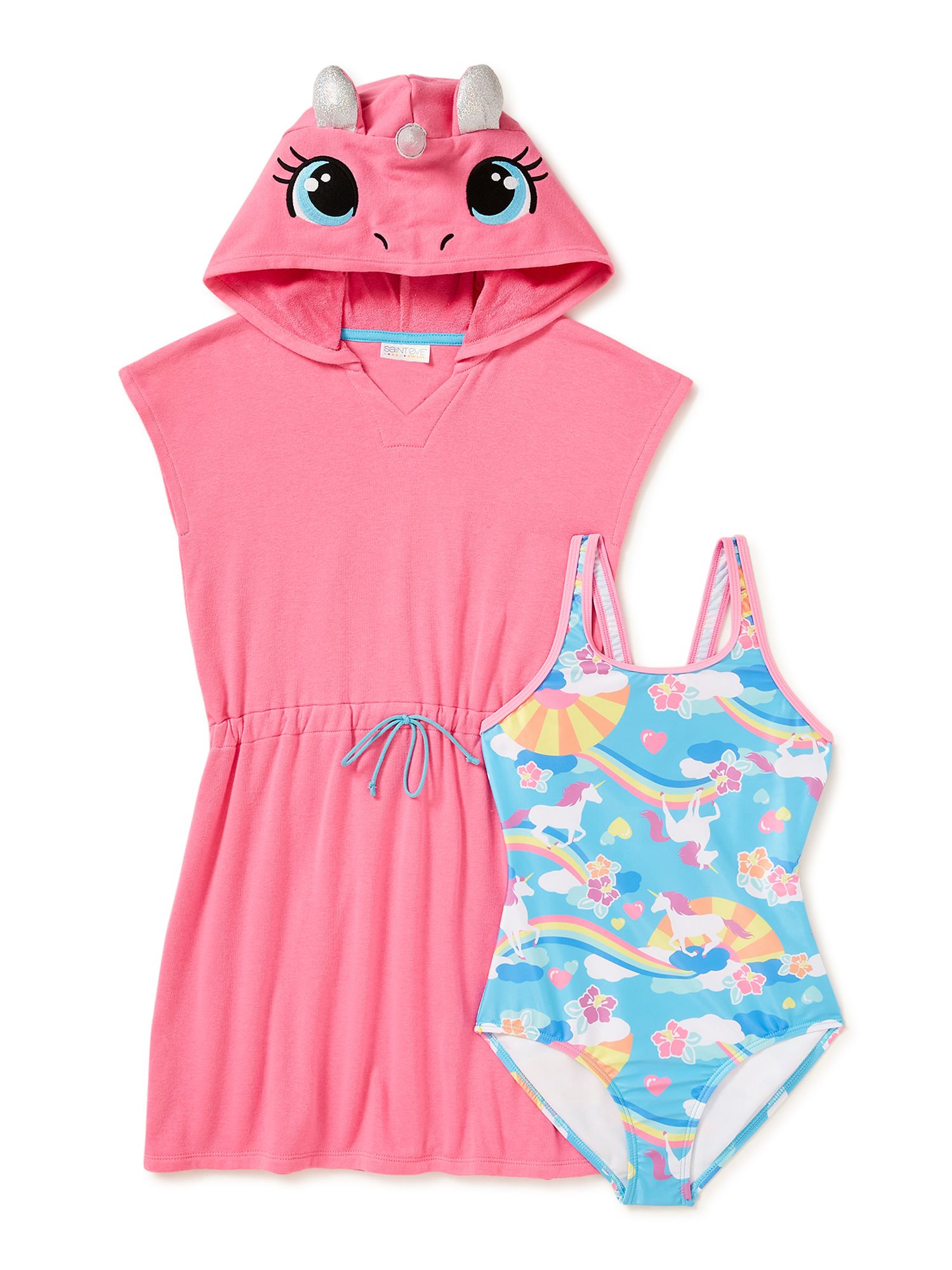 Saint Eve Girls' Unicorn Printed One-Piece Swimsuit with UPF 50+ and Hooded Cover-Up, 4-12 - Walmart