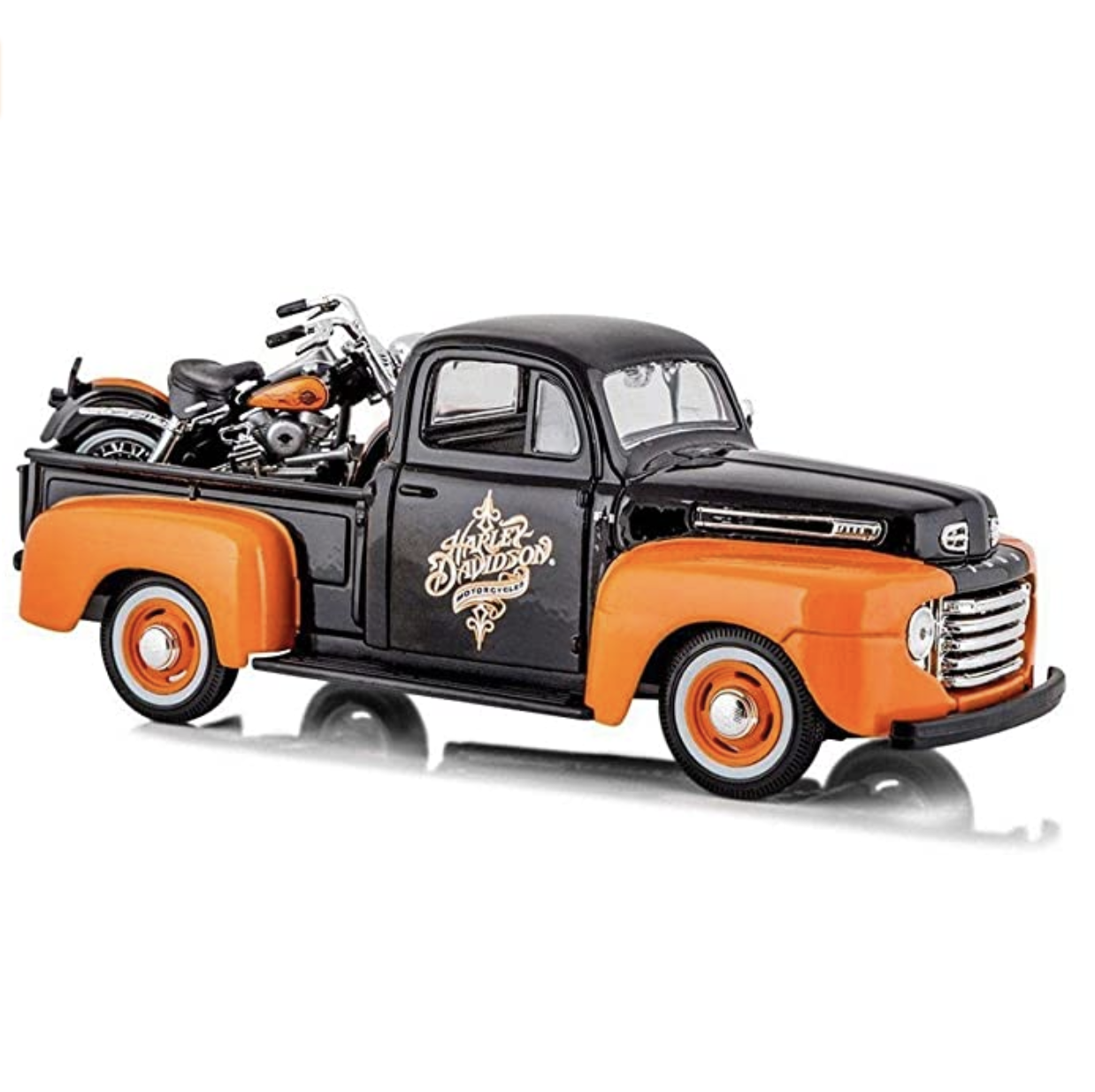 Amazon.com: 1948 Ford F-1 Pickup Truck Orange/Black with 1958 FLH Duo Glide Harley Davidson Motorcyc