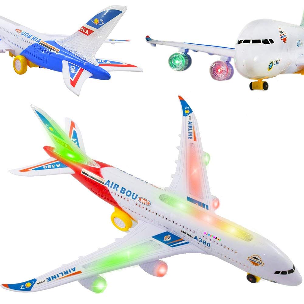 USToyOutlet Let's Fly Bump and Go Electric Air Bus A380 Kids Action Airplane - Model Plane with Attr